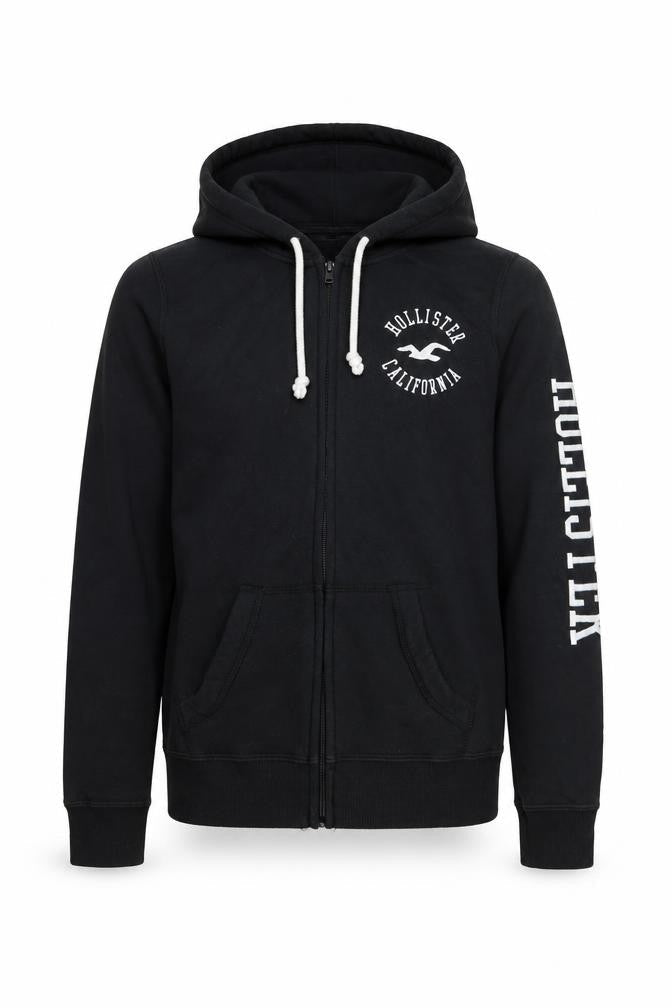 Front view of Hollister boys’ black full zip fleece hoodie xs logo sweatshirt