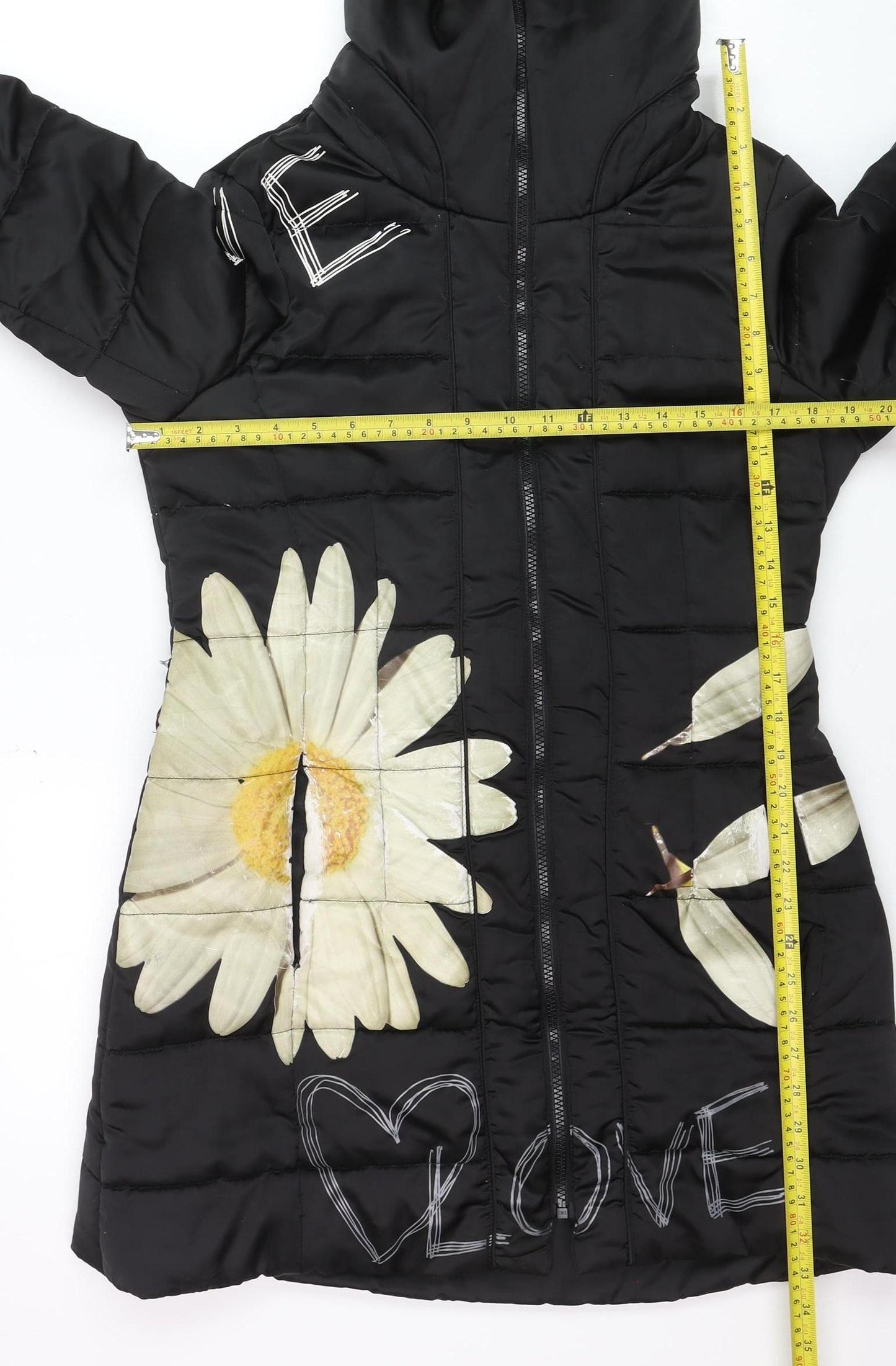 Desigual Women’s Black Floral Long Hooded Puffer Coat Size 14