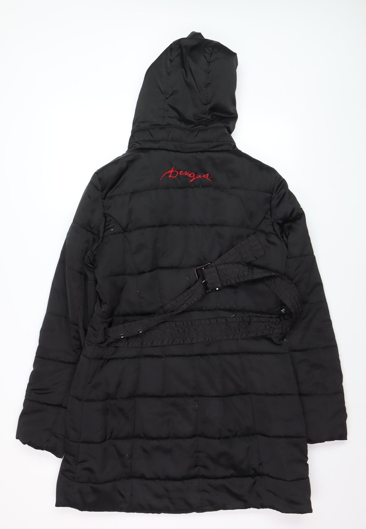 Desigual Women’s Black Floral Long Hooded Puffer Coat Size 14