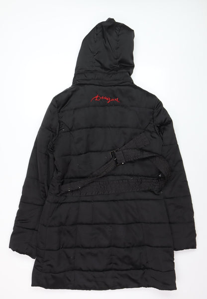 Desigual Women’s Black Floral Long Hooded Puffer Coat Size 14
