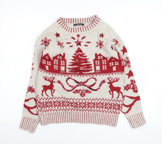 Dunnes Women Red Christmas Fair Isle Sequin Pullover Jumper Size S