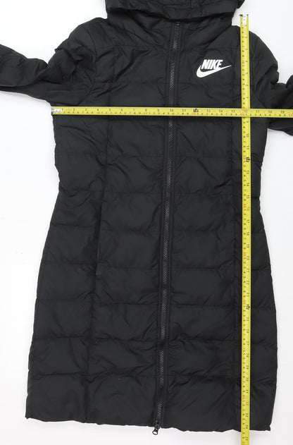 Nike Womens Black Long Puffer Coat Hooded Size S Lightweight