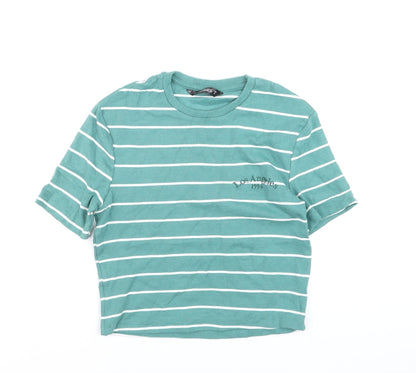 Dunnes Women's Green Striped Cropped T-Shirt M