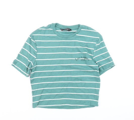 Dunnes Women's Green Striped Cropped T-Shirt M