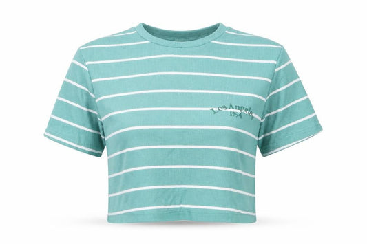Front view of Dunnes Women's Green Striped Cropped T-Shirt M