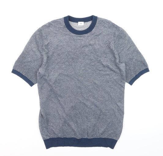 SPOKE Men's Blue Striped Short Sleeve Slim Fit Knit Jumper M