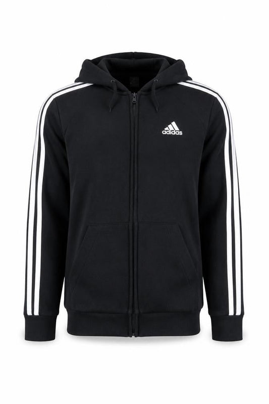 Front view of Adidas boys’ black hooded full zip track jacket 8-10 years