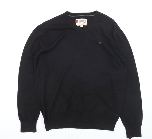 Mustang Men's Black V-Neck Cotton Pullover Jumper Size L