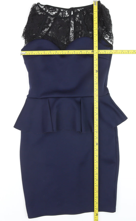 Lipsy Women Blue Lace Peplum Bodycon Dress Size 12