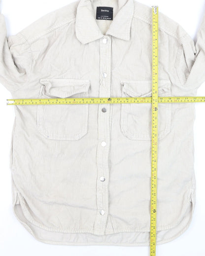 Bershka Men's Beige Corduroy Button-Up Casual Shirt Size M