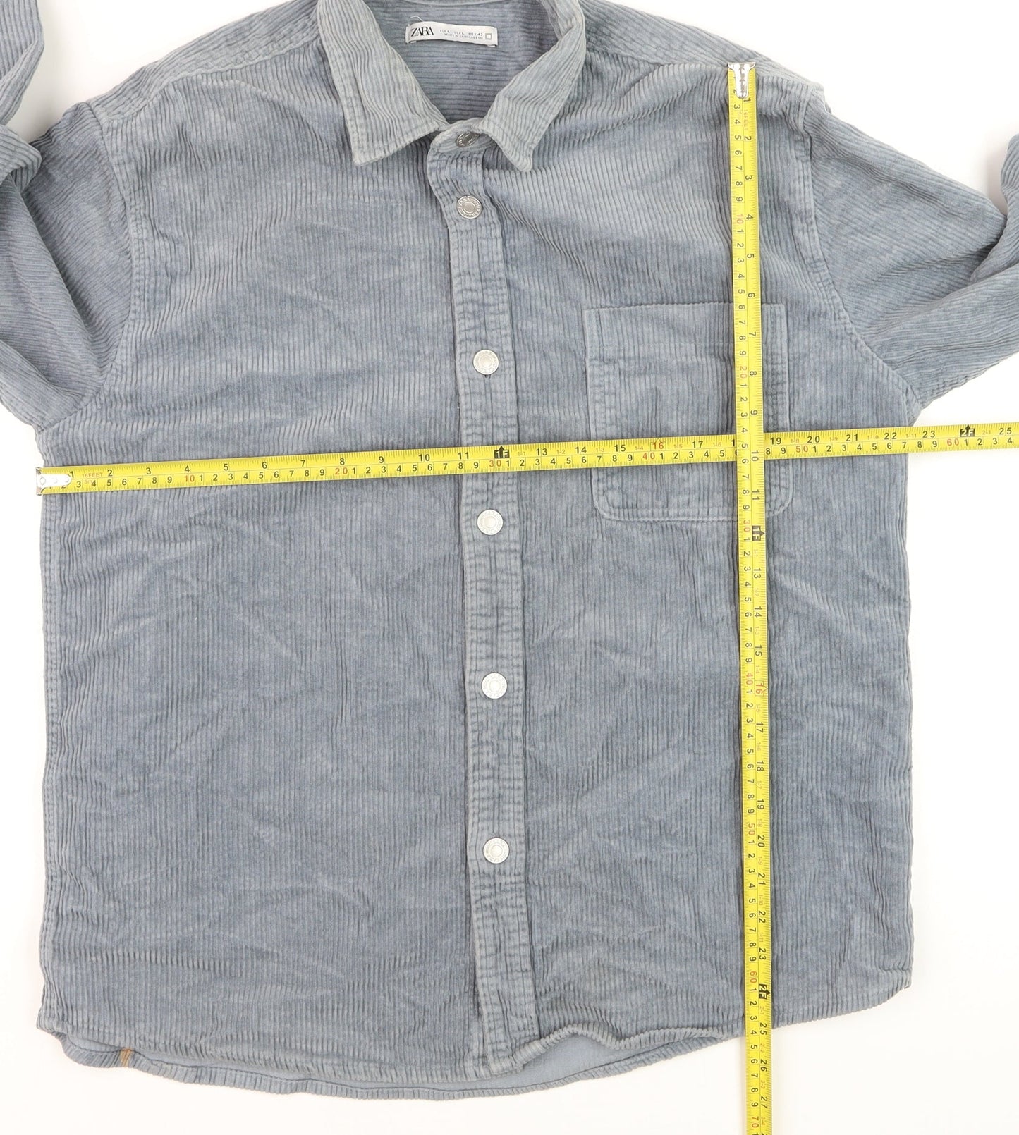 ZARA Men's Grey Corduroy Button-Up Shirt Size L Long Sleeve