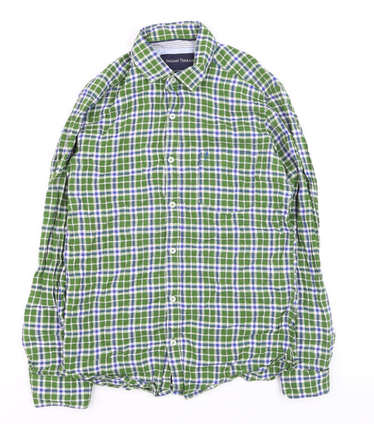 Indian Terrain Men's Green Check Long Sleeve Cotton Shirt L