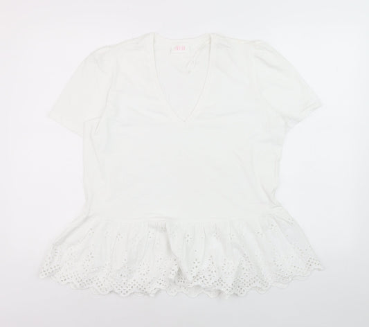 Savida Women White V-Neck Tunic T-Shirt Size 16 Cotton Embroidered Hem