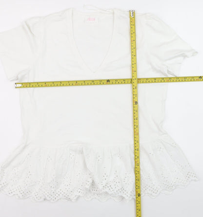 Savida Women White V-Neck Tunic T-Shirt Size 16 Cotton Embroidered Hem