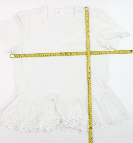 Savida Women White V-Neck Tunic T-Shirt Size 16 Cotton Embroidered Hem
