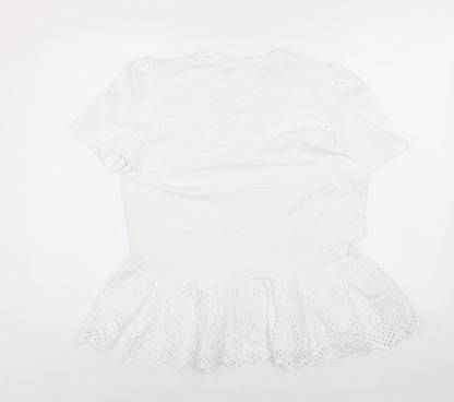 Savida Women White V-Neck Tunic T-Shirt Size 16 Cotton Embroidered Hem