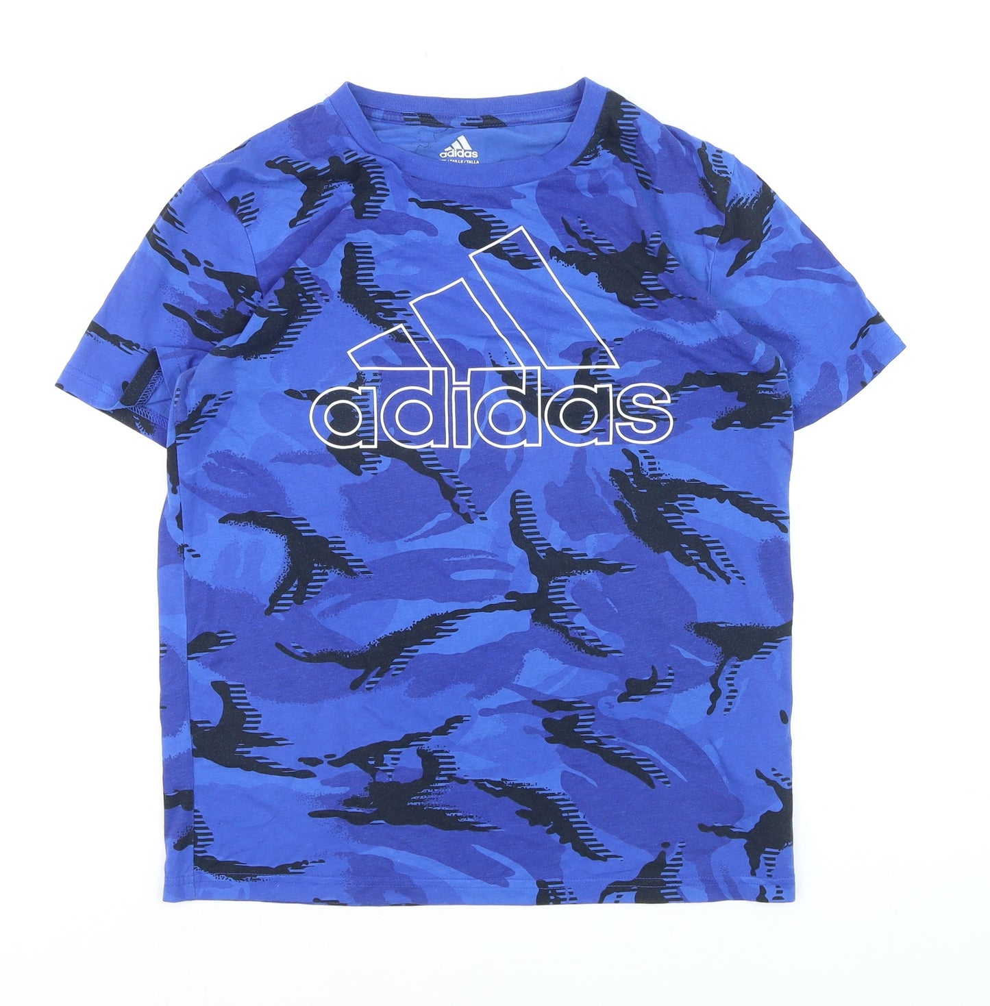 Adidas Boys Blue Camouflage Logo T-Shirt Size 14-16 Years Short Sleeve