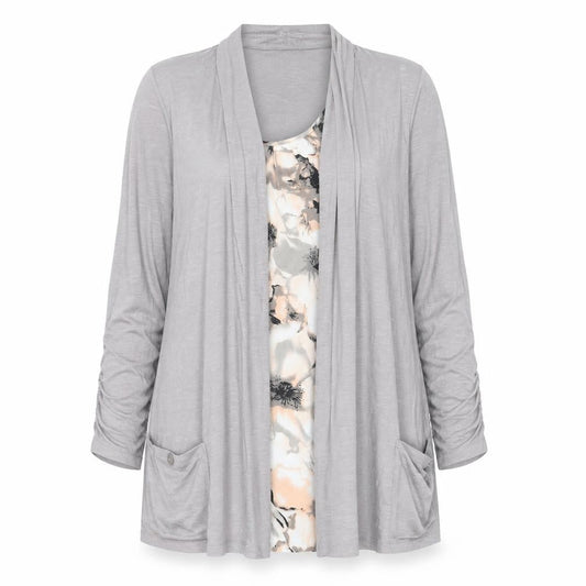 Front view of Dunnes Women Grey Floral Tunic Blouse, size 16, Long Sleeve