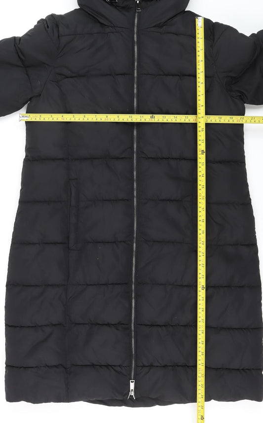 Dunnes Women Black Long Puffer Coat Size M Hooded Winter Jacket