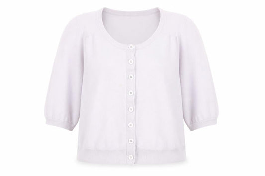 Front view of Kaliko Women Lilac 100% Cashmere Cardigan, size 18, Short Sleeve