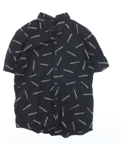 Pull & Bear Men's Black Graphic Short Sleeve Button-Up Shirt L