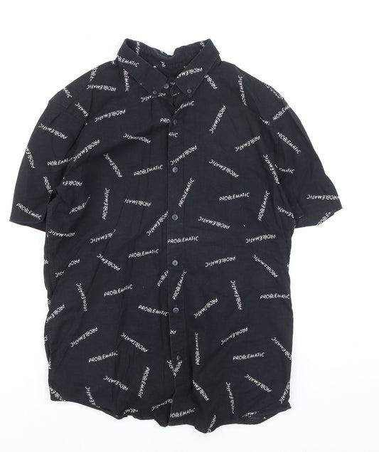 Pull & Bear Men's Black Graphic Short Sleeve Button-Up Shirt L