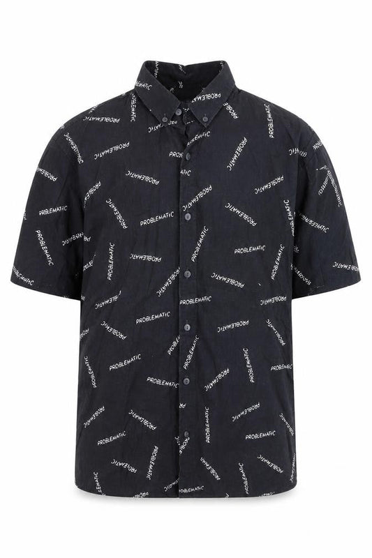 Front view of Pull&Bear Men's Black Graphic Short Sleeve Button-Up Shirt L