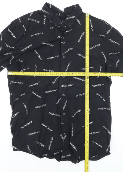 Pull & Bear Men's Black Graphic Short Sleeve Button-Up Shirt L