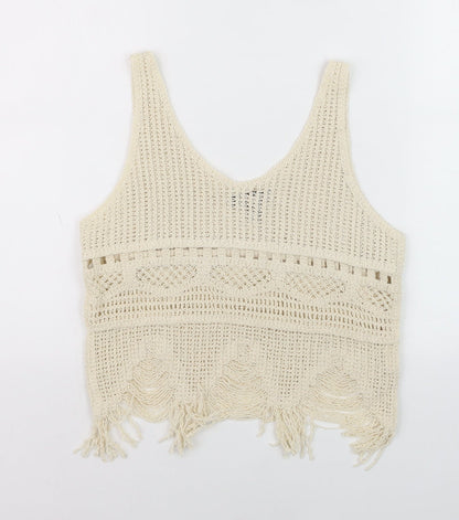 Pink Vanilla Womens Beige Crochet Fringe Tank Top S Boho Summer Camisole