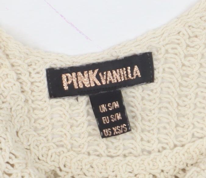 Pink Vanilla Womens Beige Crochet Fringe Tank Top S Boho Summer Camisole