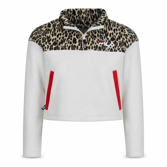 Front view of Fila women’s white leopard 1/2 zip pullover sweatshirt, size S