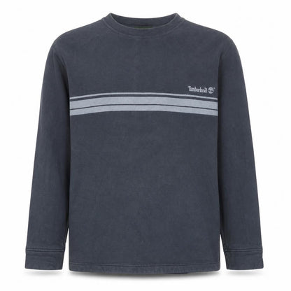 Front view of Timberland boys’ black striped crew neck fleece pullover sweatshirt 16 years