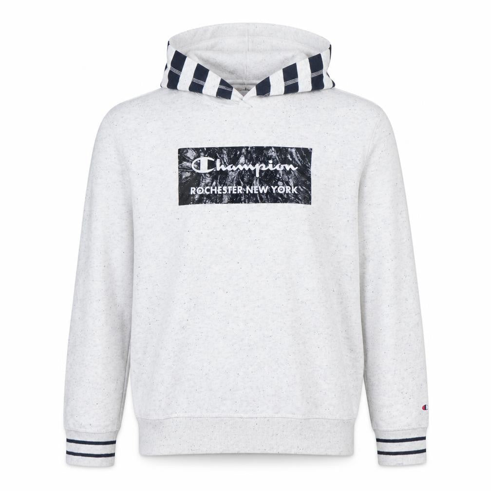 Front view of Champion boys’ grey 2xl pullover hoodie rochester new york graphic