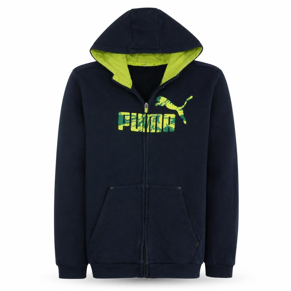 Front view of Puma boys’ black full zip hoodie 15-16 years graphic print fleece