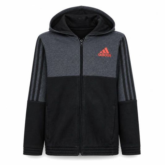 Front view of Adidas boys’ grey full zip colourblock hoodie 11-12 years