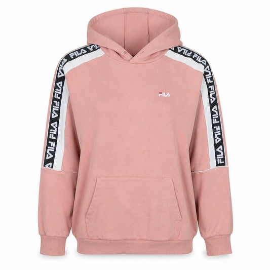 Front view of Fila Women Pink Logo Tape Pullover Hoodie, size M