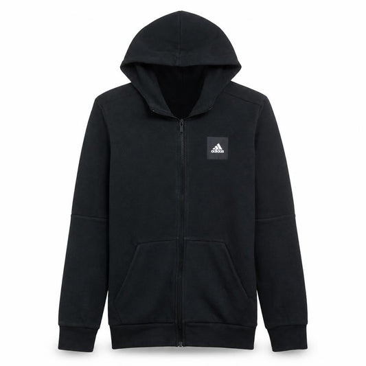 Front view of Adidas Men's Black Full Zip Hoodie, size M, Regular Fit