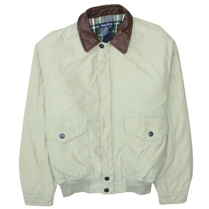 Nautica Men Beige XL Bomber Jacket Leather Collar Nylon Blend