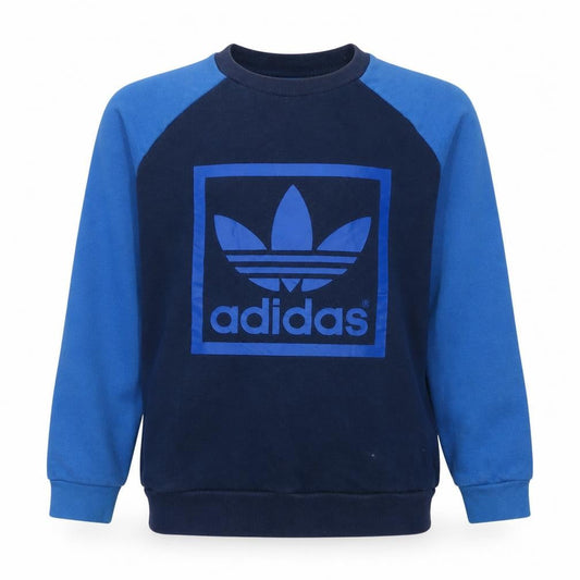 Front view of Adidas boys’ blue crew neck pullover sweatshirt 13-14 years logo print