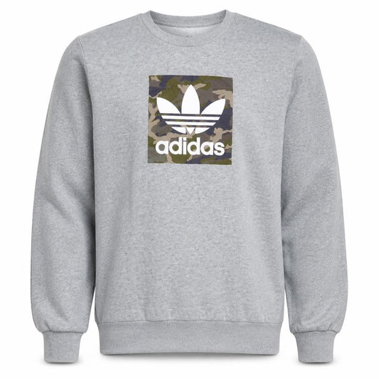Front view of Adidas Men's Grey Camouflage Logo Crew Neck Sweatshirt M