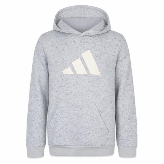Front view of Adidas boys’ grey pullover hoodie, size 13-14, years regular fit logo print