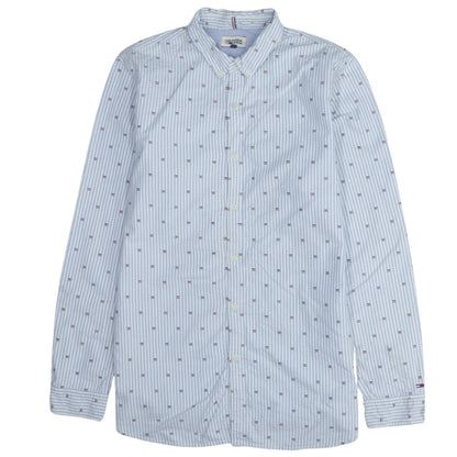 Hilfiger Denim Men's Blue Striped Button-Down Cotton Shirt Size L