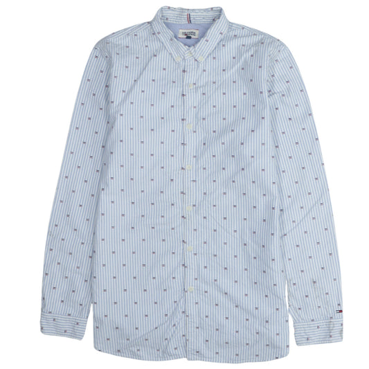 Hilfiger Denim Men's Blue Striped Button-Down Cotton Shirt Size L