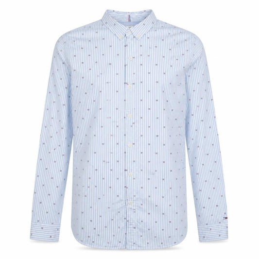 Front view of Hilfiger Denim Men's Blue Striped Button-Down Cotton Shirt, size L