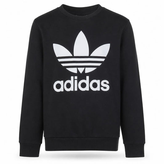 Front view of Adidas boys’ black crew neck pullover sweatshirt 14-15 years logo print