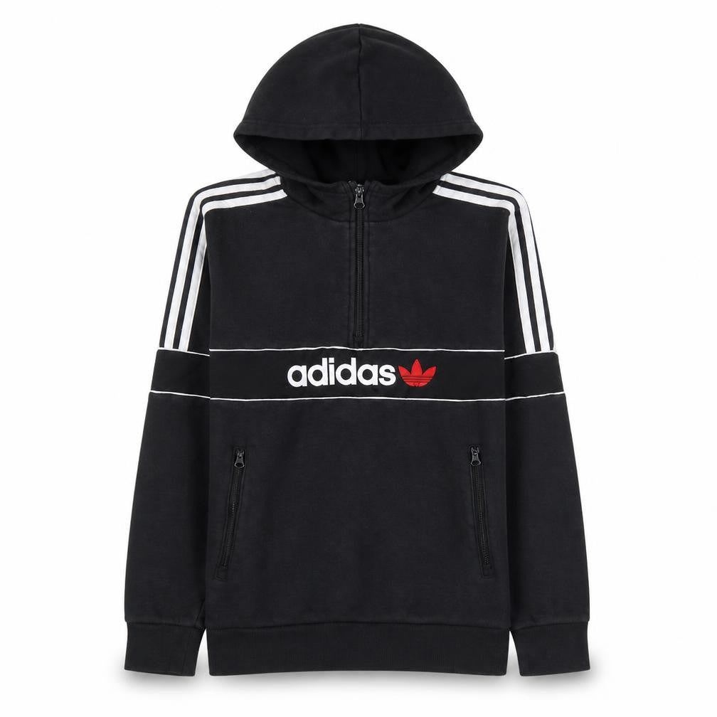 Front view of Adidas boys’ black 13-14 years 1/4 zip hoodie with stripes and logo
