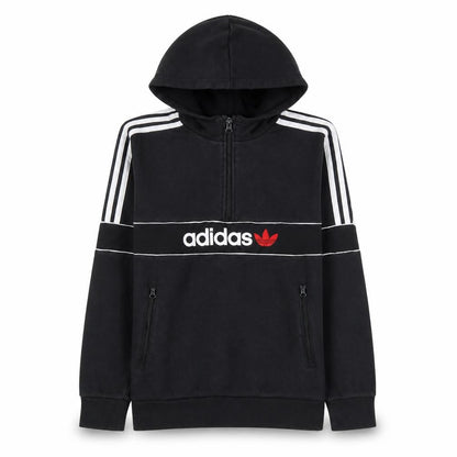 Front view of Adidas boys’ black 13-14 years 1/4 zip hoodie with stripes and logo