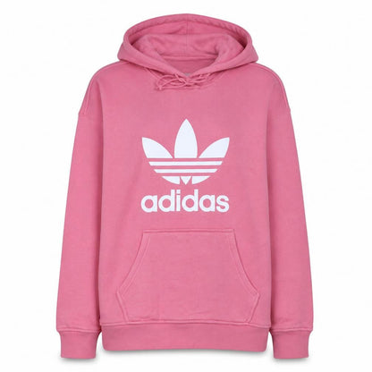Front view of Adidas women’s pink pullover hoodie xs graphic logo cotton casual