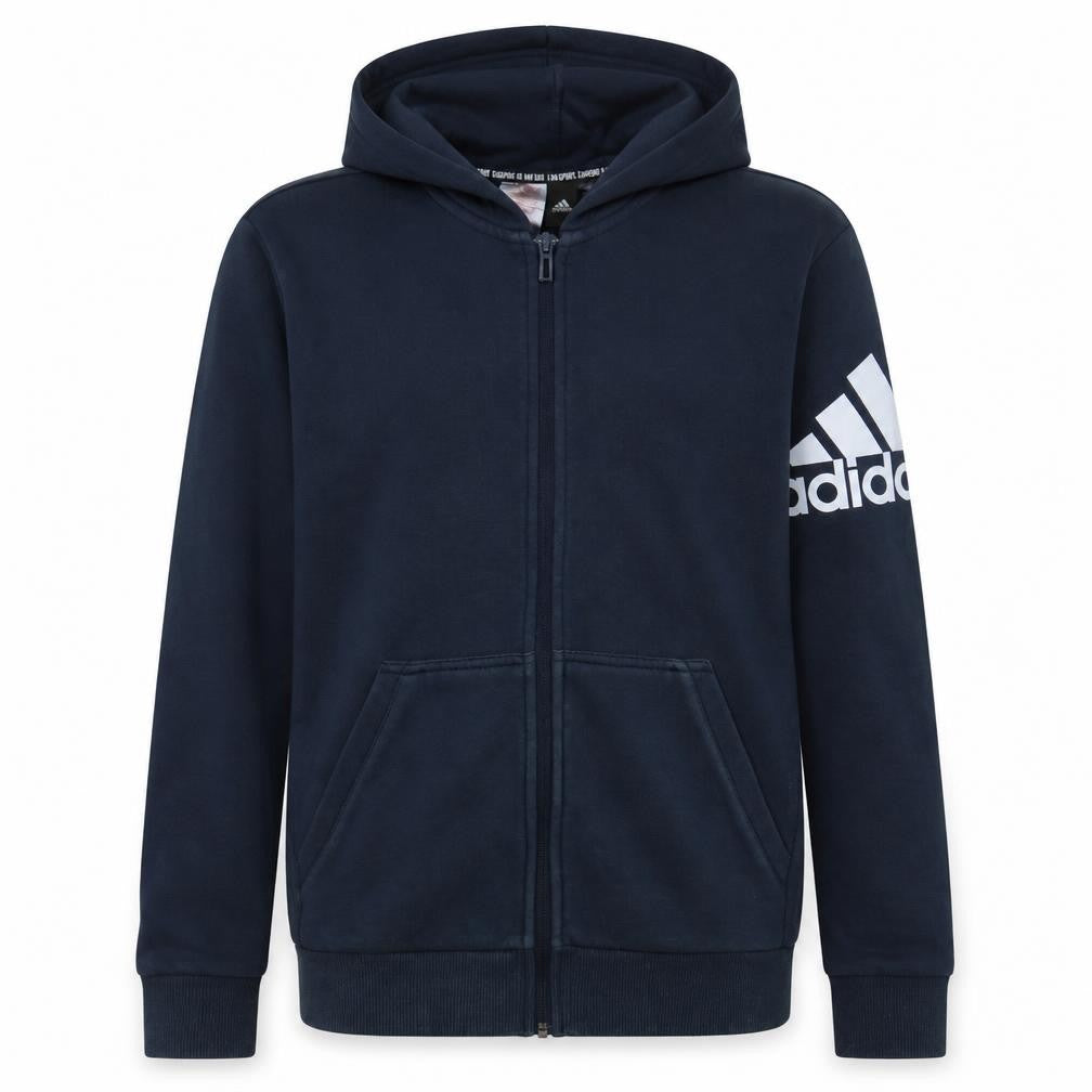 Front view of Adidas boys’ navy blue full zip hoodie, size 13-14, years l sportswear