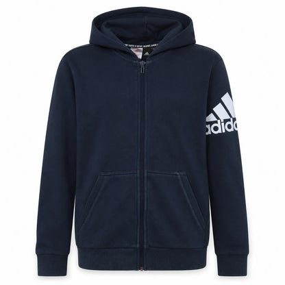 Front view of Adidas boys’ navy blue full zip hoodie, size 13-14, years l sportswear